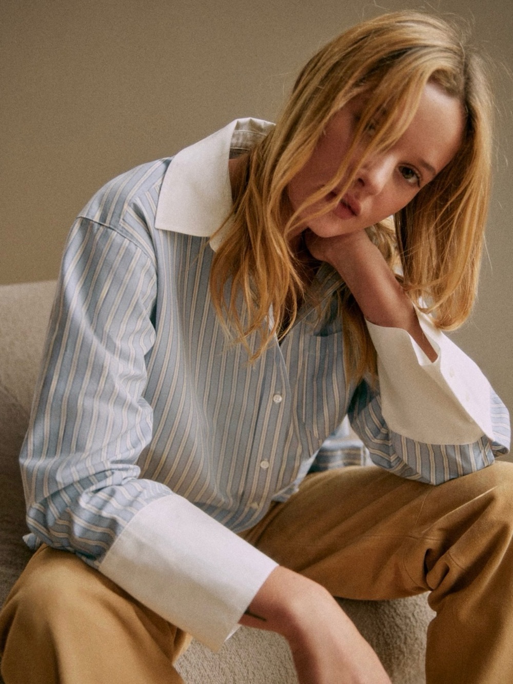 Sézane Classic Blue Stripe Contrast-Collar Shirt